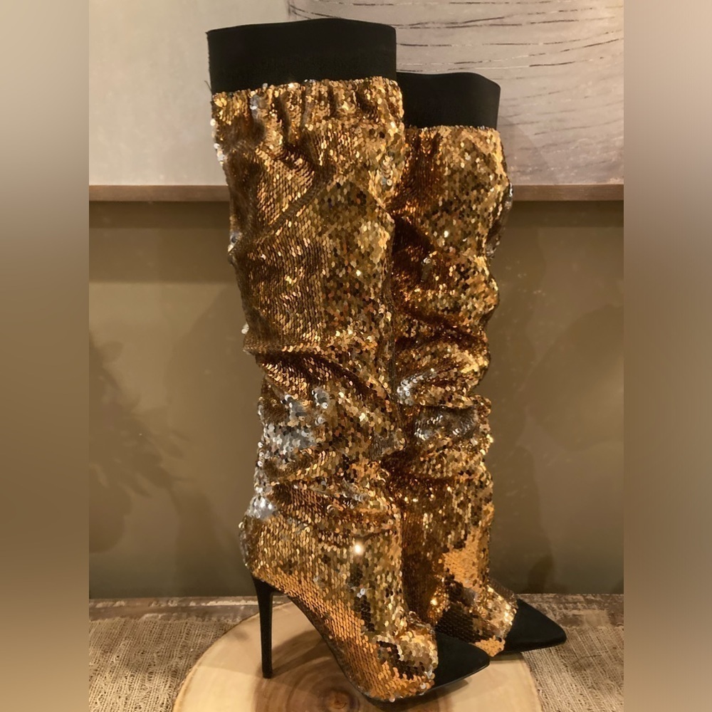 Thigh High Sequins Pointed Black Toe High Heels Sexy Over Knee Boots!Sz-7.5W NEW